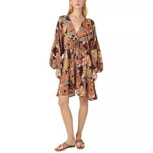 NWT O’Neill Adalyn V-Neck Long-Sleeve Dress Sz S Floral Tie-Waist Tan